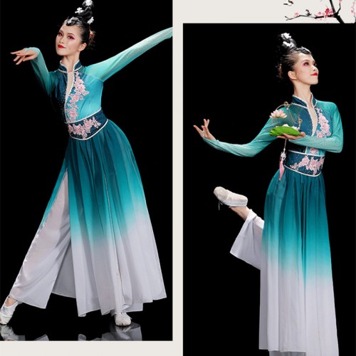 Women blue gradient chinese folk dance dress fairy hanfu dresses chines traditional classical fan umbrella yangge dance costumes for female